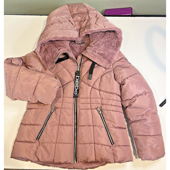 Bebe Puffer Jacket Hooded Womens LG Rose Pink‎ - Picture 1 of 9
